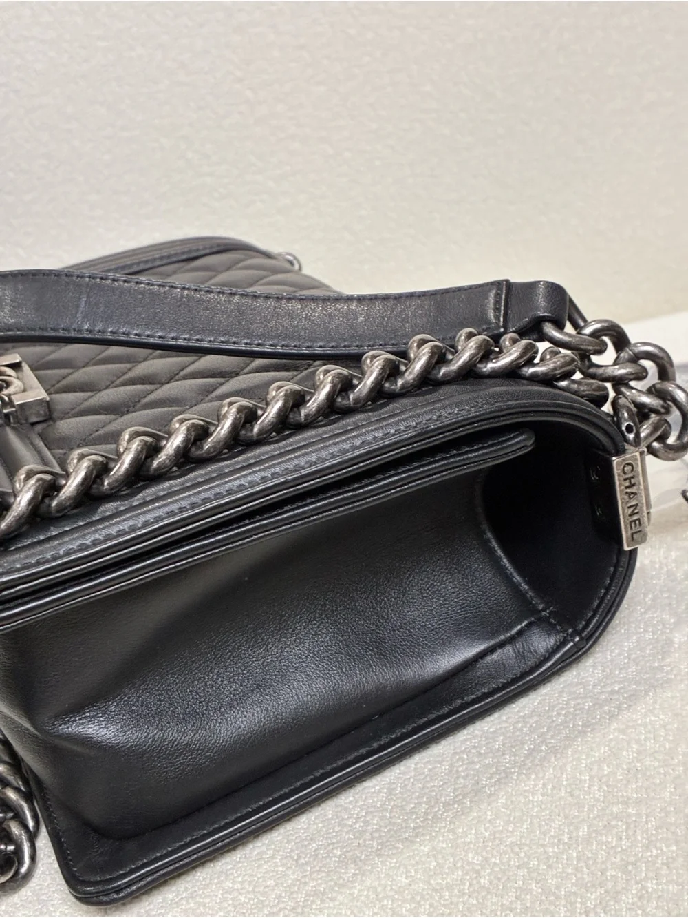 CHANEL Black Quilted Leather Boy Shoulder Bag with Silver-Tone Hardware